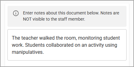Document notes field contains evaluator observations about a teacher's methodology in the classroom.